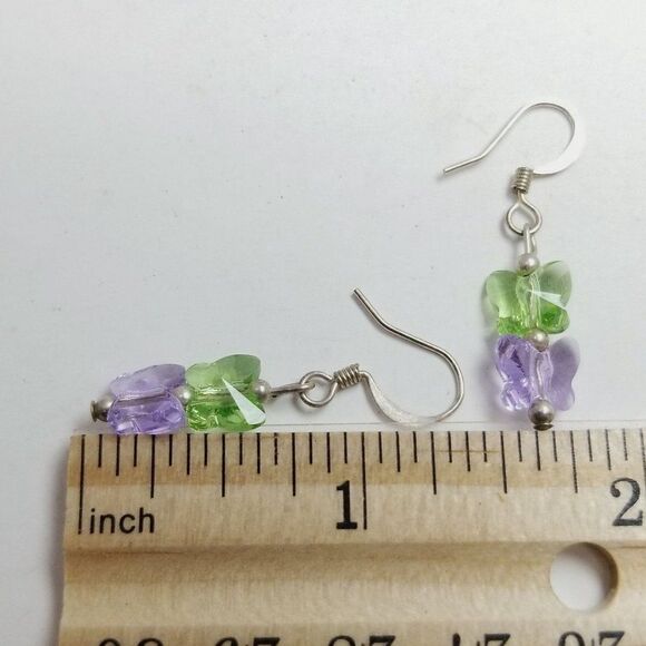 Vintage Green and Purple Butterfly Shape Bead Drop Dangle Earrings, Fun Cute - Picture 3 of 5